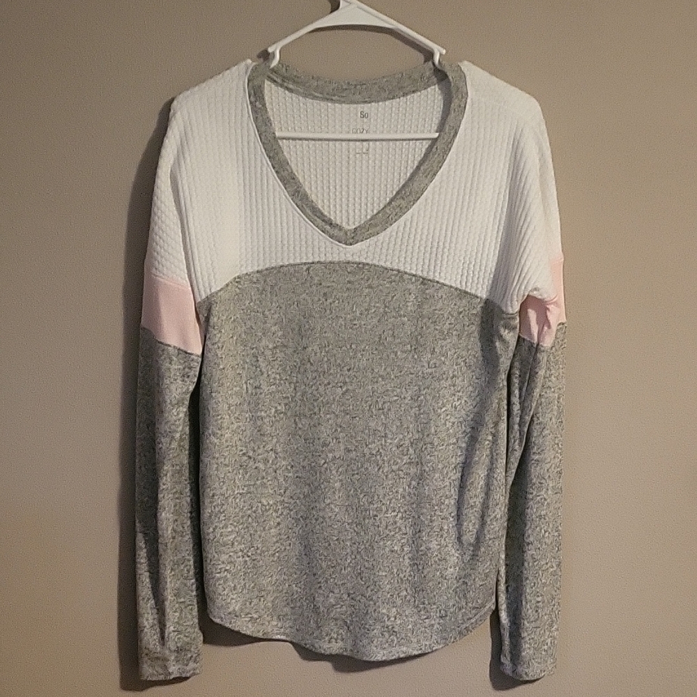 SO Cream and Gray Ribbed Long Sleeve Hoodie
